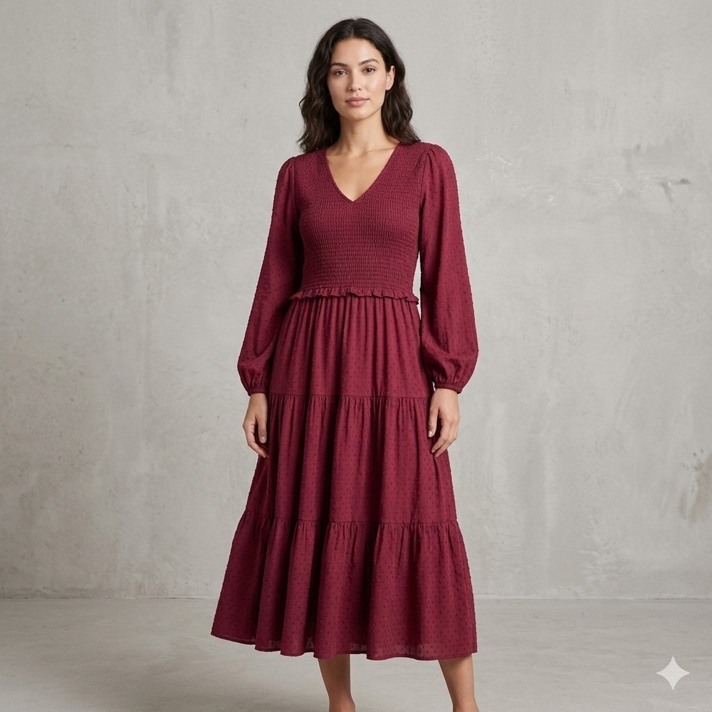 Daniel Rainn Shelby V Neck Dress Jewel Tone Purple Smocked Tiered Midi XL